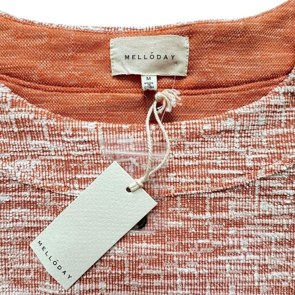 Melloday Knit Top M Orange White Puff Sleeve Tweed Cottagecore Boat Neck Classic - Picture 14 of 14